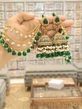 Green and Gold Jhumka Earrings with Pearls - Women Jewelry